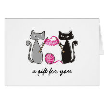 Cats knitting needles yarn handmade gift card
