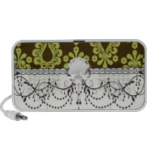 chartreuse green on brown damask design travelling speakers