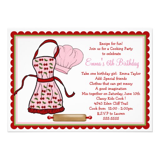 Cherries Apron and Chef Hat Birthday Invitations on Zazzle.co.nz