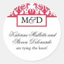 Cherry Red and White Monogram Wedding Stickers