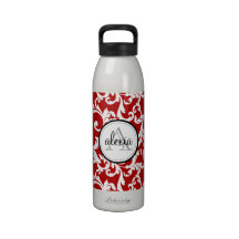 Cherry Red Monogrammed Damask Print Drinking Bottle