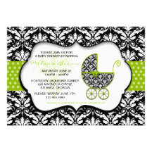 Chic Green Polka Dot Damask Baby Shower Invite