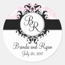 Chic Pink Damask Initial Wedding Sticker