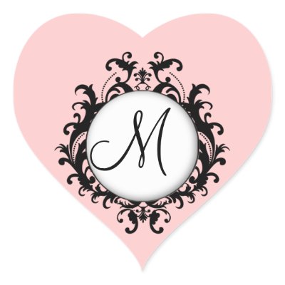 Chic Wedding Initial Damask Label Pink Heart Stickers by monogramgallery