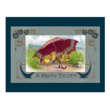 Chicks Under Umbrella Art Nouveau Easter Post Cards
