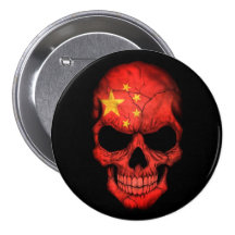 Chinese Flag Skull on Black Pinback Button