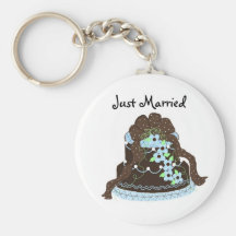 Chocolate and  Blue Wedding Cake - Just Married Keychains