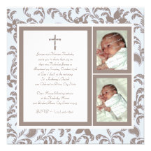 Christening Soft Blue and Brown Paisley Photo Personalised Invite