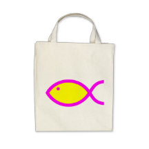 Christian Fish Symbol - Yellow with Pink Tote Bags