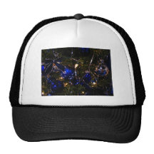 Christmas decorations with blue glass ornaments hat