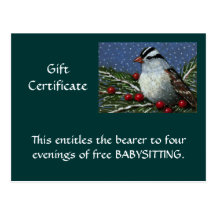 CHRISTMAS GIFT CERTIFICATE: ARTWORK: BIRD POST CARD