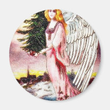 Christmas greeting with an angel carrying christma refrigerator magnets