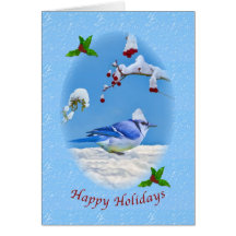 Christmas, Happy Holidays, Blue Bird and Snow Greeting Card