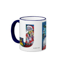 CHRISTMAS J LETTER / SANTA  WITH VIOLIN MONOGRAM COFFEE MUGS