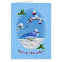 Christmas, Merry, Blue Bird and Snow Greeting Cards