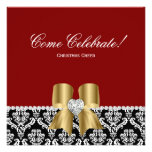 Christmas Party Damask Red BW Jewel Bow Gold Announcement