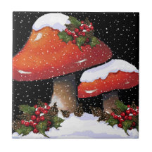 Christmas Toadstools, Snow, Holiday Art Ceramic Tile