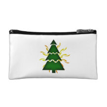 Christmas tree sectional with yellow waves behind. makeup bag