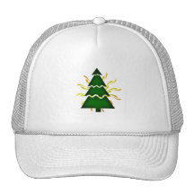 Christmas tree sectional with yellow waves behind. hats