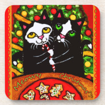 Christmas Tuxedo Cats & Cookies Cork Coaster Set