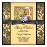 Classy Black Gold Damask Photo Sweet Sixteen Party Custom Invitation