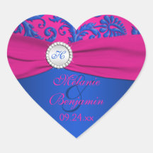 Cobalt and Fuchsia Damask Heart Shaped Sticker