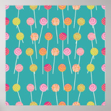 Colourful Cake Pops on Teal Pattern Posters