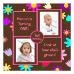 Colourful Flowers on Brown Photo First Birthday Personalized Announcements