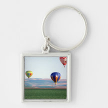 Colourful hot air balloons float over wheat key chains