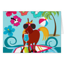 Cool Horse Surfer Dude Summer Fun Beach Party Greeting Cards
