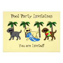 Cool Labradors Beach Party Cartoon Personalised Invitations