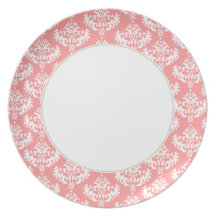 Coral and white damask plate