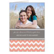 Coral Grey Chevrons Engagement Photo Announcement Cards