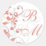 Coral, Grey, White Abstract Floral Envelope Seal Round Stickers
