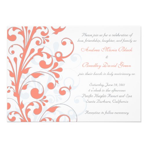Coral, Grey, & White Floral Wedding Invitation