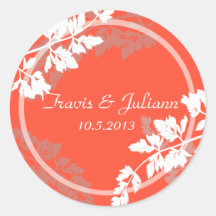 Coral Woodland Leaf Monogram Round Stickers