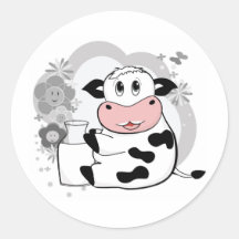Cow drinking milk round sticker