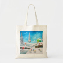 COW SHEEP folk winter SNOW SCENE painting G Bruce Bags