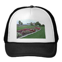 Creative colourful flower decoration in park trucker hats