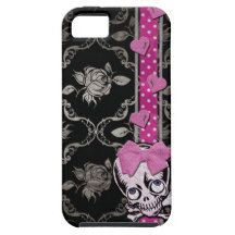 Creepy Girl Skull with Pink Bow on Black Damask iPhone 5 Covers
