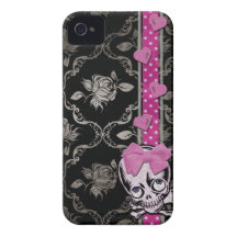 Creepy Girl Skull with Pink Bow on Black Damask iPhone 4 Case-Mate Cases