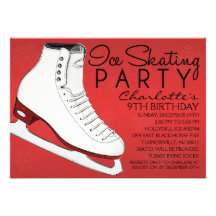 Crimson Red Skate Mates Ice Skating Birthday Party Custom Invitations