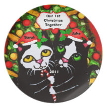 Custom Christmas Tuxedo Cats Melamine Plate