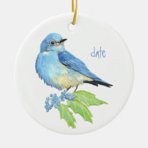 Custom dated Mountain Bluebird on Oregon Grape Christmas Ornament