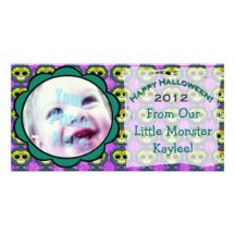 Custom Kawaii Halloween Sugar Skulls Purple  - Photo Greeting Card