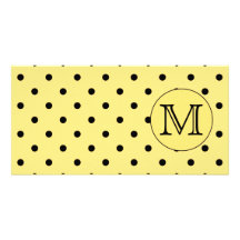 Custom Monogram Yellow and Black Polka Dot Pattern Custom Photo Card
