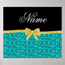 Custom name turquoise swirls gold bow poster