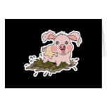 cute baby pig in mud greeting cards
