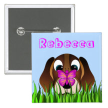 Cute Beagle Puppy Dog and Butterfly Square Buttons