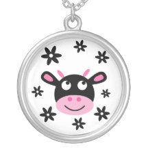 Cute Black & White Happy Cartoon Flower Cow Personalised Necklace